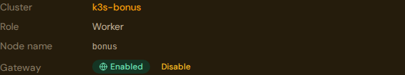 Host cluster section showing Gateway field set to Enabled with a green badge and a Disable button